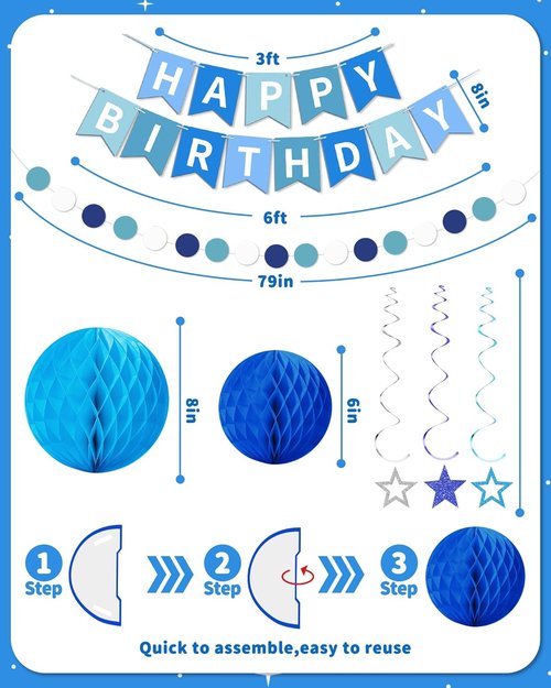 Blue Happy Birthday Decorations - Banner with Honeycomb Balls & Stars | Perfect Party Decor for All Ages