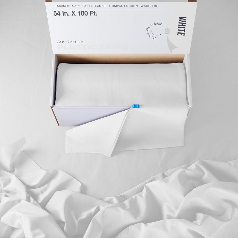 Party Solids 54 Inch X 100 Feet White Plastic Table Cover Roll in A Cut - to - Size Box with Convenient Slide Cutter. Cuts Up to 12 Rectangle 8 Feet Plastic Disposable Tablecloths