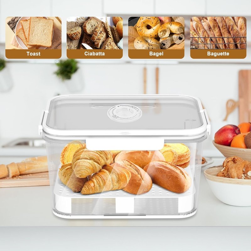 SISAYWEY Bread Box for Kitchen Countertop: 2 Pack Airtight Breadbox Food Storage Container, Portable Large Plastic Clear Container with Lid for Homemade Bread, Toast, Bagel, Donut, Cookies and Fruits