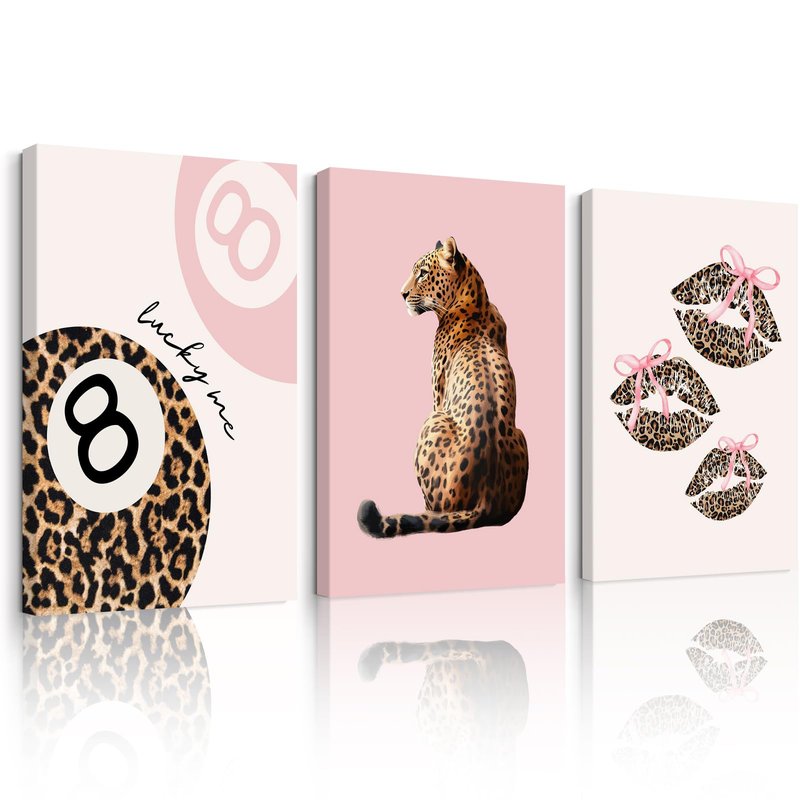 Pink Cheetah Wall Art Decor Leopard Preppy Trendy Canvas Poster Fashion Aesthetic Room Decor Y2k 8 Ball Prints Coquette Bow Picture Pink Lucky Painting for Dorm Girl Bedroom 16x24x3 Inch Ready to Hang