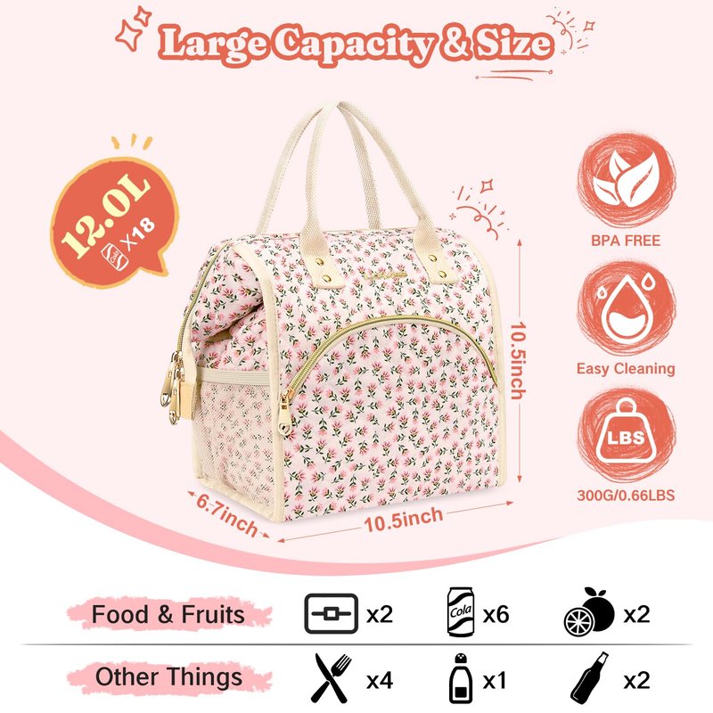 Lunch Bag Women Insulated Lunch Box Wide-Open Lunch Tote Bag Large Drinks Holder Durable Nylon Thermal Snacks Organizer for Men Adults Work Picnic Hiking Beach Fishing, Red Flower