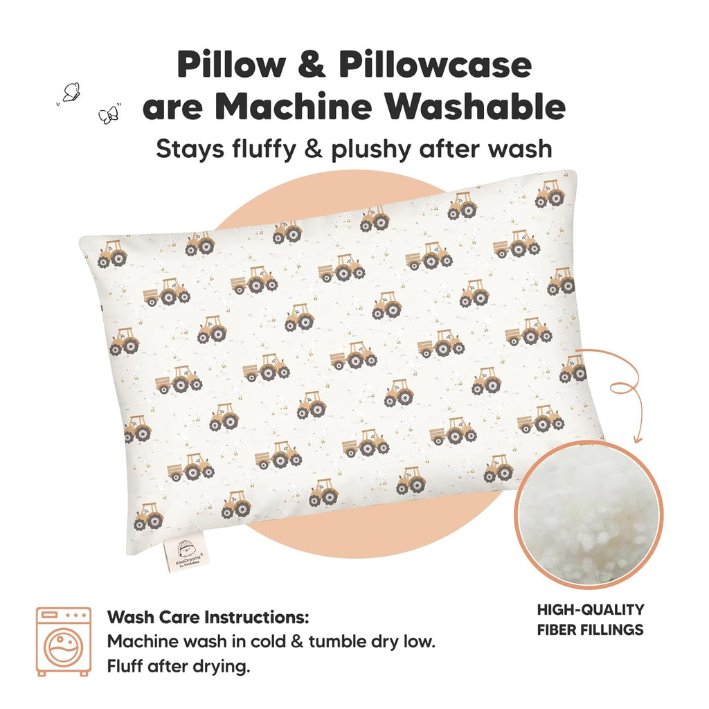 My Little Dreamy Toddler Pillow - Organic Cotton Travel Pillow with Soft Pillowcase | 13x18, Machine Washable, Ideal for Ages 2-5 (Tractor)
