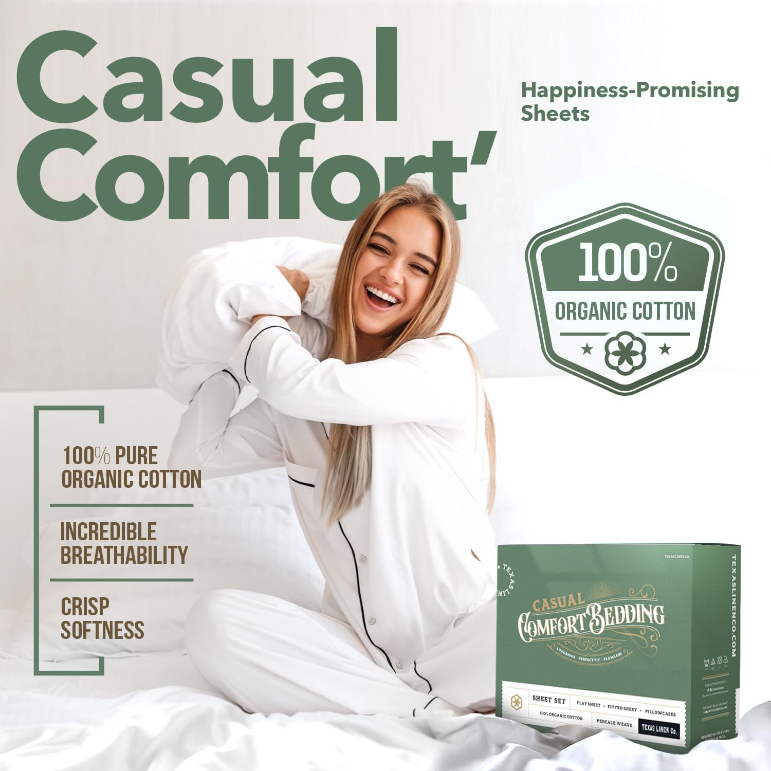 Texas Linen Co. King Size Organic Cotton Percale Sheets - Soft & Cooling 4-Piece White Set | GOTS Certified