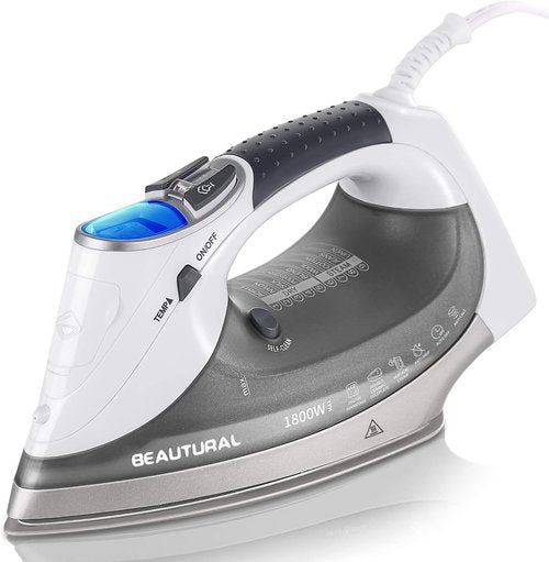 Beautural 1800-Watt Steam Iron - Digital LCD Screen, Ceramic Coated Soleplate, 9 Temperature Settings | Gray