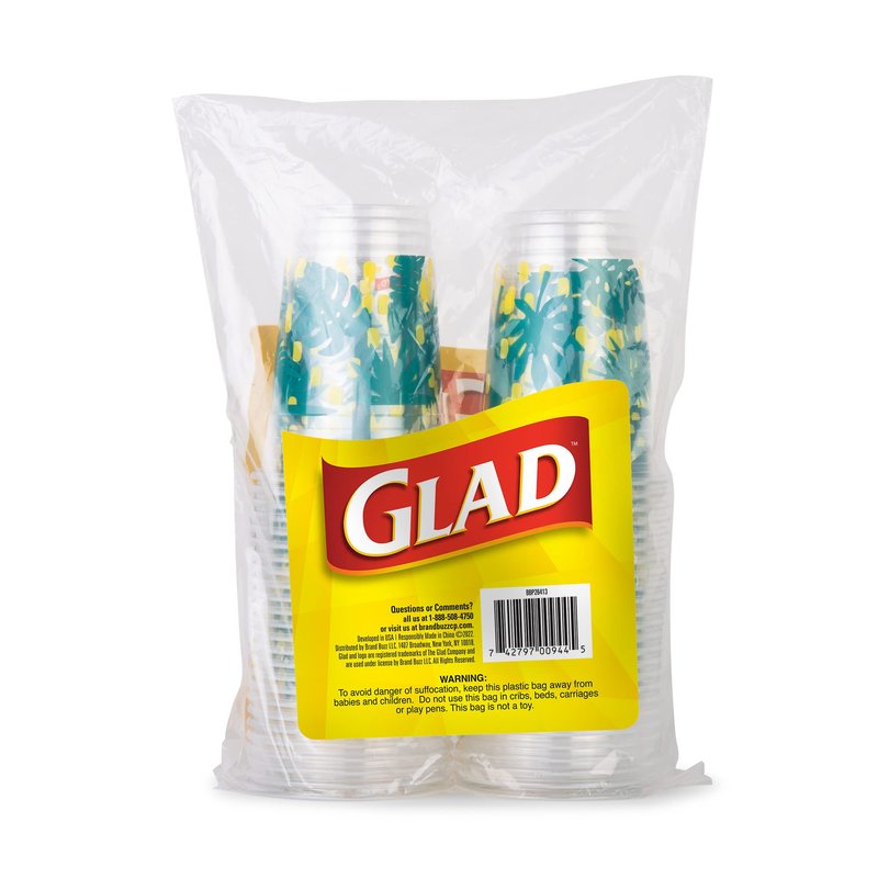 Glad Everyday Clear Plastic Cups with Palm Leaves Print - Sturdy Disposable Drinking Cups for Cold Beverages, Parties, Picnics, and Everyday Use, Recyclable #5 Plastic, 18 oz, 50 Count