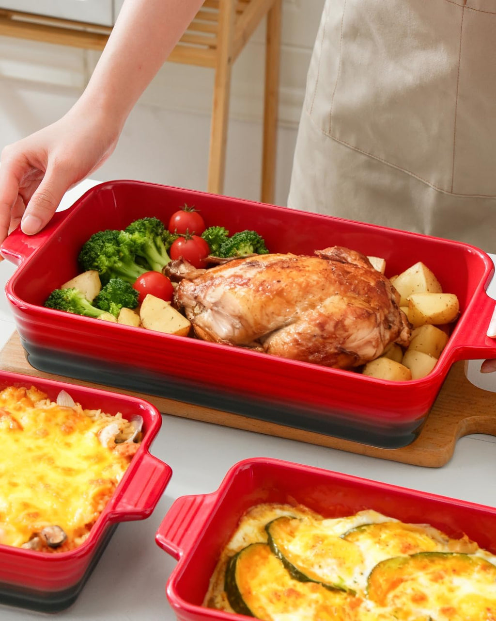 Regine Switzerland Casserole Dishes - Heat-Resistant Ceramic Bakeware Set of 4 | Red, 9.4"-14.7" Sizes
