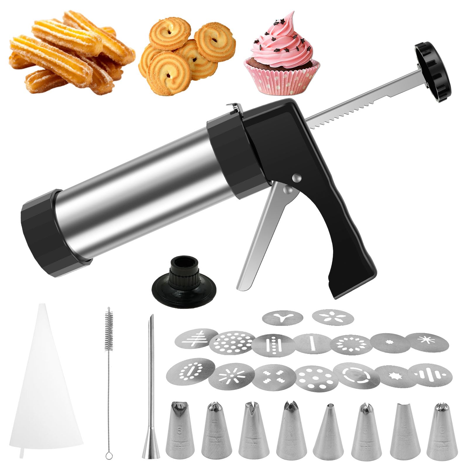 Churro Maker Machine - Stainless Steel Churros Gun Kit, 3-In-1 Multifunctional Cookie Press Gun with Piping Bag, 8 Piping Nozzles and 16 Cookie Discs for Making Churro, Cookie and Cake DIY