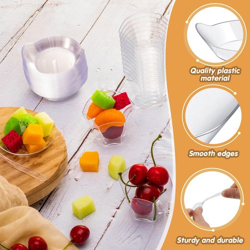Tessco 400 Pcs Mini Dessert Plates Set 200 Clear Disposable Mini Appetizer Plates Plastic Tray 100 small Appetizer Forks 100 Tasting Spoons for Wedding Birthday Party(Oval, Flower Style)