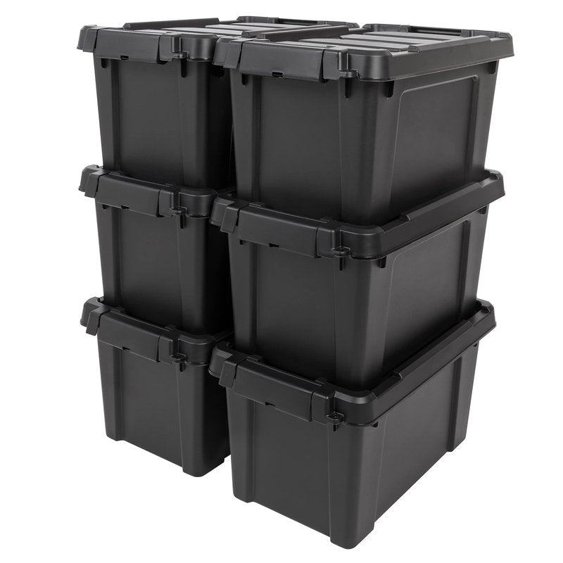 IRIS USA 5 Gallon Lockable Storage Bins with Lids, 6 Pack - Made in USA, Heavy Duty, Stackable Containers, Garage Organizing Bins Moving Tubs, Rugged Sturdy Equipment Utility Box - Black