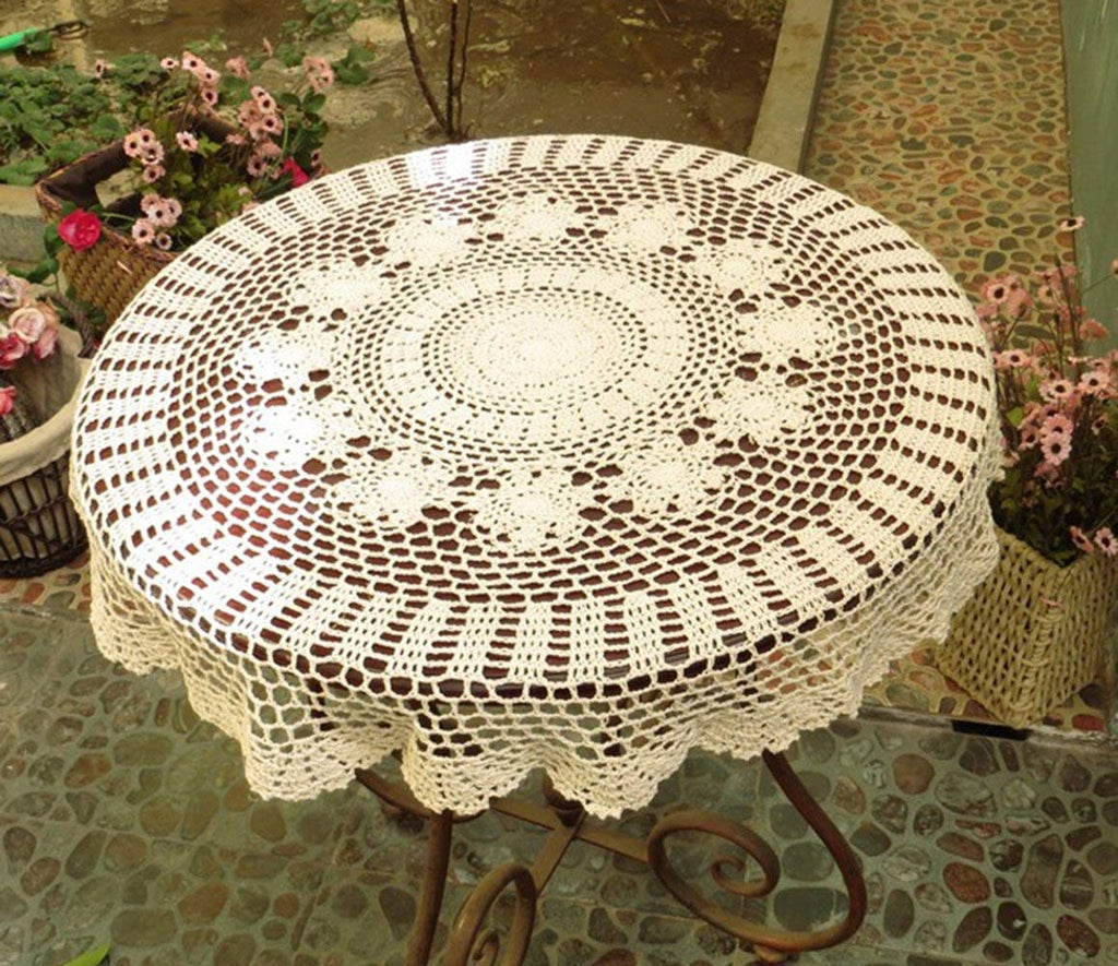 Hetao 100% Cotton Handmade Crochet Round Tablecloth Doilies Lace Table Covers,Beige, 31 Inch