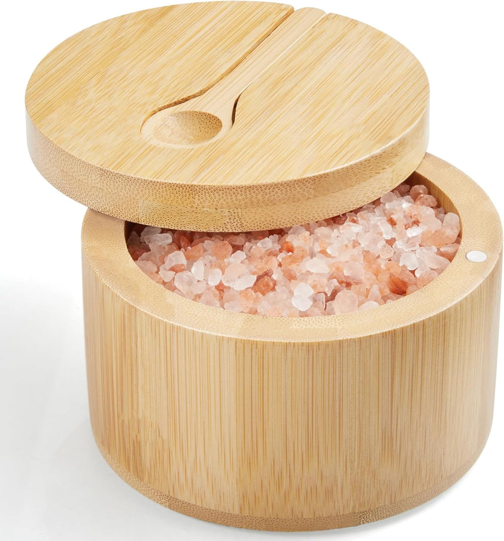 OUTNILI Bamboo Salt Box Bowl with Lid & Spoon - 360° Swivel Salt Cellar for Sea Salt & Herbs, 7 Ounce