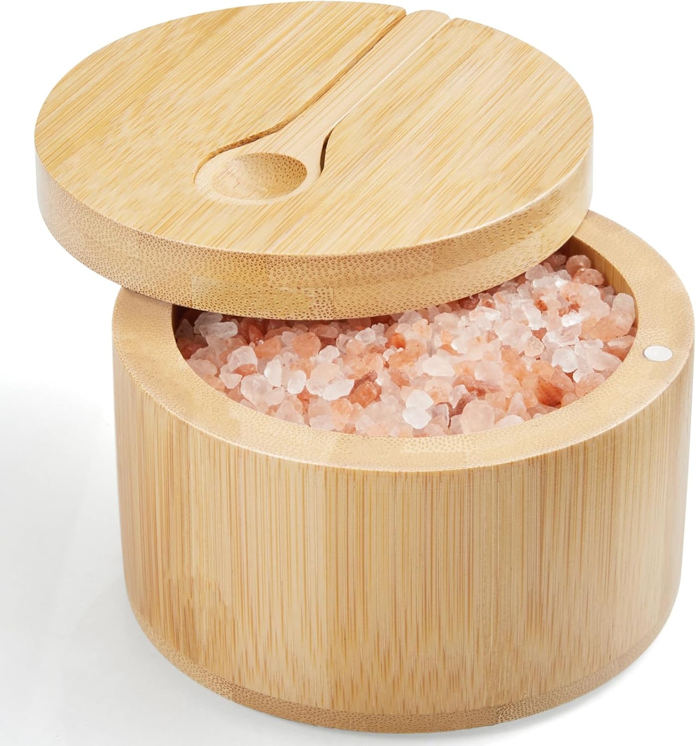 OUTNILI Bamboo Salt Box Bowl with Lid & Spoon - 360° Swivel Salt Cellar for Sea Salt & Herbs, 7 Ounce