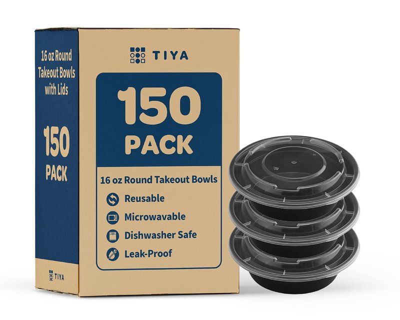 TIYA Food Containers – 16 oz Bulk 150 Pack with Lids – Plastic Food Storage To-Go Round Bowls – Reusable, Microwavable, Dishwasher Safe – Leak-Proof and Great for Meal Prep – BPA-Free