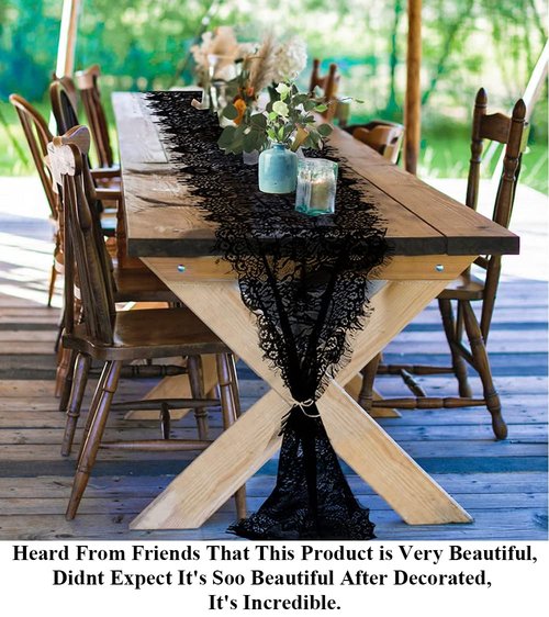 Pardecor 120 Inch Lace Table Runner for Weddings, Boho Rustic Bridal Decor, Christmas & Home Table Decorations - Floral Overlay, Durable Washable Fabric (Black)