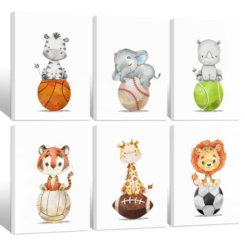 Baby Boy Wall Art Nursery Sports Decor Safari Animal Canvas Wall Art Woodland Baby Boy Room Poster Prints Nursery Artwork Pictures for Bedroom 12x16 set of 6 Inch Wrapped Canvas