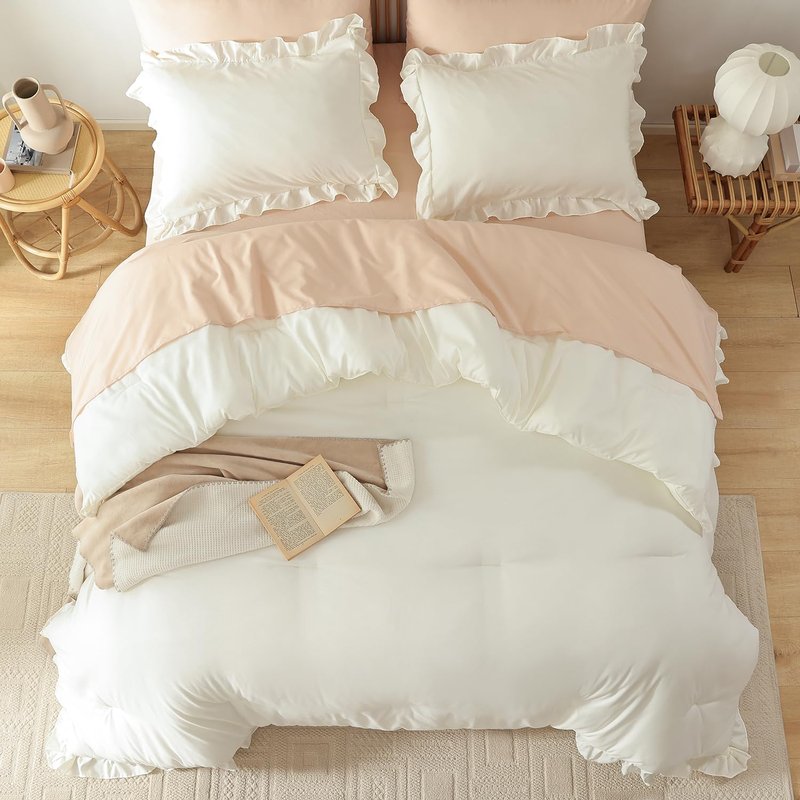 JANZAA Creamy White Comforter Set Queen – Soft Microfiber, Lightweight All Season Bedding, Ruffle Shabby Chic Aesthetic, Breathable Cozy Bed Set with 2 Pillow Shams, Machine Washable
