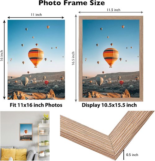 JCJMY 11x16 Picture Frame - Rustic Brown Wall Mount for Horizontal or Vertical Display | Shatter-Resistant Plexiglass