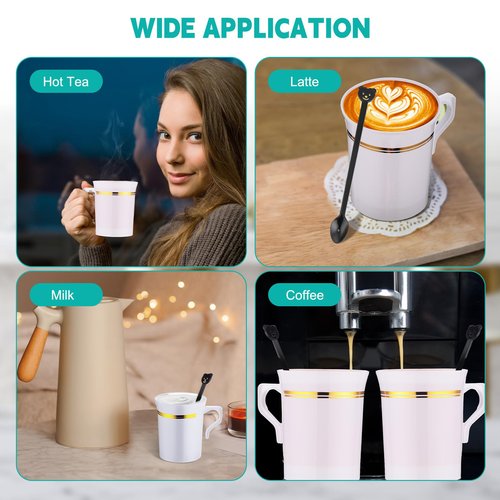 Bokon 100 Pcs Plastic Coffee Tea Cups Reusable 8 oz White Coffee Mugs Bulk with Handle and Spoon with Gold Rim Espresso Cup for Tea Cafe Milk Dessert Shop