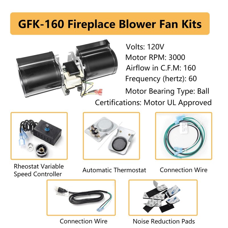 Hongso GFK-160 Fireplace Blower Fan Unit for Heat N Glo GFK-160A, Hearth and Home, Quadra Fire, GTI, Fasco, Regency Wood Stove Insert, Royal, Jakel, Nordica, Rotom; Ball Bearings Motor