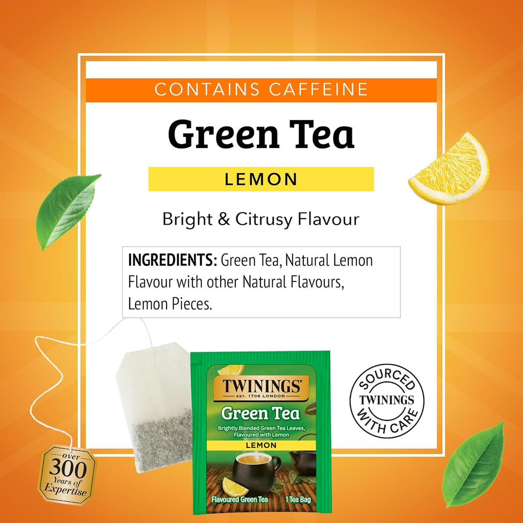 Twinings Green Tea - Zesty Lemon Flavor, Individually Wrapped Bags, 20 Count (Pack of 6)