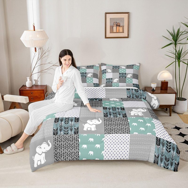 Feelyou Cute Elephant Comforter Boho Buffalo Check Plaid Bedding Set for Boys Girls Women Men Famhouse Geometric Comforter Set Teal Gray Bohemian Arrow Room Decor Twin Size Quilt 2Pcs Boys