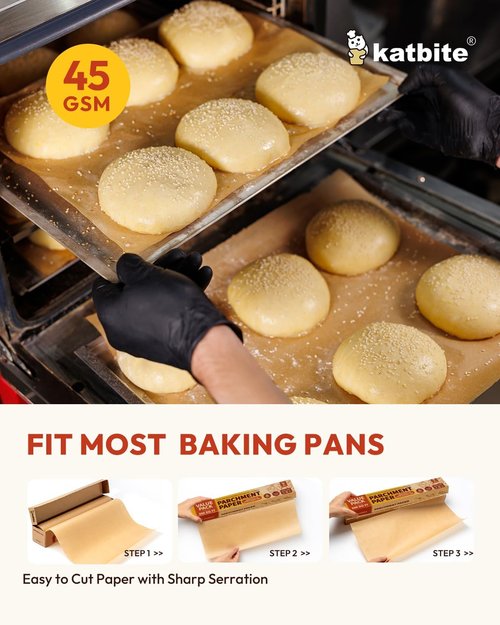 Katbite Unbleached Parchment Paper Roll - 15in x 242ft | Non-Stick Baking & Cooking with Serrated Cutter