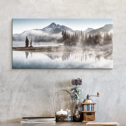 WALLSUP DECOR Forest Mountain Art Canvas Picture - Landscape Nature Shadow Lake Painting Modern Snowy Misty Mountains Wall Print with Pine Tree Artwork for Living Room Office
