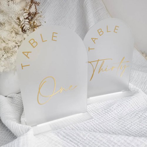 JINMURY Frosted Arch Wedding Table Numbers 1-30 with Stands, 5x7 Inch Acrylic Arch Sign with Golden Lettering, Frosted Acrylic Table Numbers for Wedding Reception