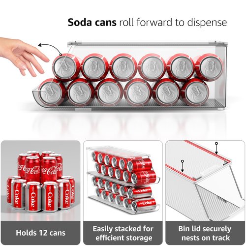 Sorbus Soda Can Organizer for Refrigerator & Egg Holder for Fridge Set, 1 Stackable Can Holder Dispenser Holds 12 Cans Each & 1 Egg Holders with Lid holds 14 eggs for Fridge, Pantry, Freezer, BPA-Free