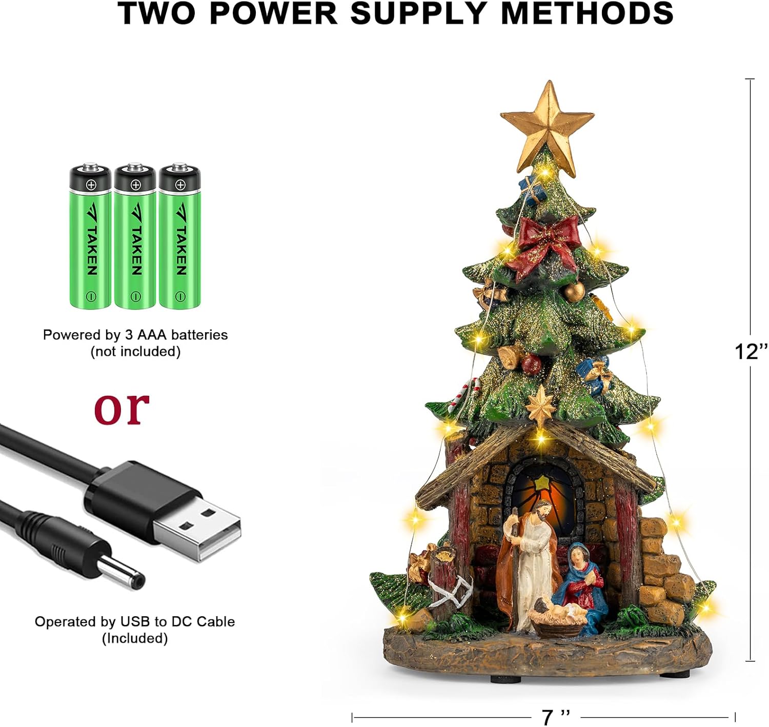 VISFLAIR 12'' Christmas Tree Nativity Scene - Lighted Musical Holy Family Figurines with LED & Silent Night Music