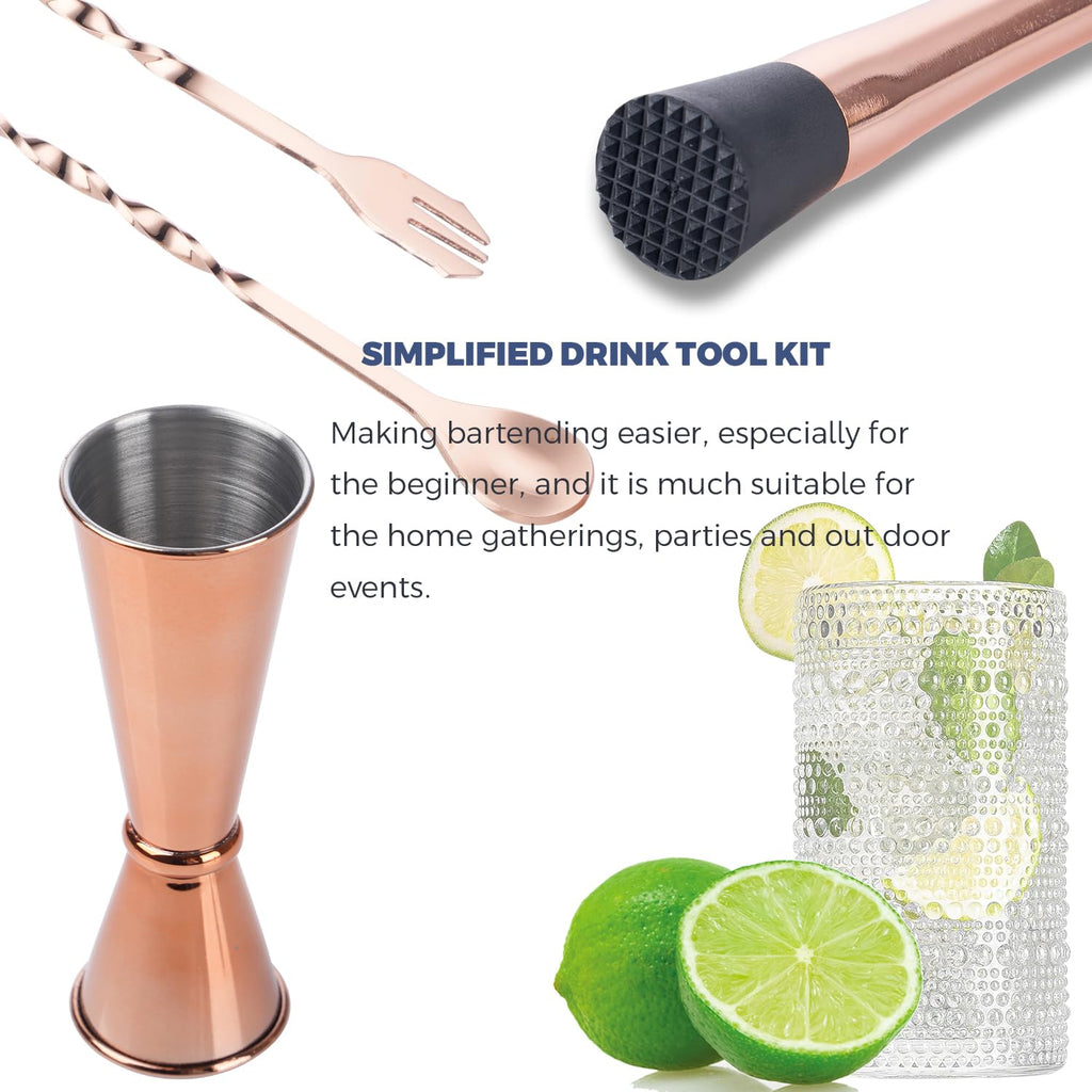 Gbuxska Rosegold Muddler for Cocktails, Matching Jigger and Bar Spoon with Bar Muddler - 3 Pcs Cocktail Muddler Set