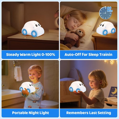 GAGBC Cute Baby Toddler Car Kids Night Light for Kids, Dimmable+1800mAh Rechargeable+Timer+Portable+Silicone+Squishy, Touch Breastfeeding Bedside Night Lamp, Funny Girls Boy Gifts