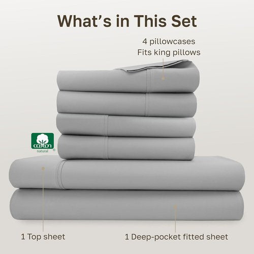 California Design Den King Size Sheet Set - Soft 400 Thread Count 100% Cotton, Deep Pocket | Light Grey, 6-Pc