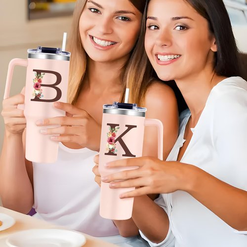 Gooddooes Monogrammed 40oz Tumbler with Handle for Women, Personalized Birthday Gifts for Women,Initial Cups for Woman Floral Letter K,Customized Gifts for Female Lady Gift for Mothers Day Christmas