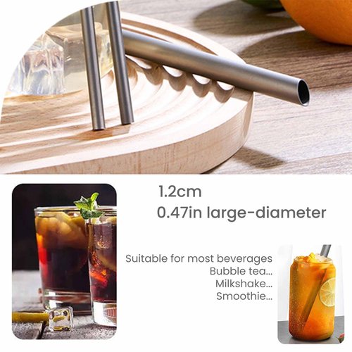 Pure Titanium Reusable Straws with Travel Case & Cleaning Brush,0.47'' Extra Wide Straws for Milkshake, Smoothie, Bubble Tea,Frappuccino,BPA Free & Eco Friendly,Dishwasher Safe, (Titanium 1.2cm)