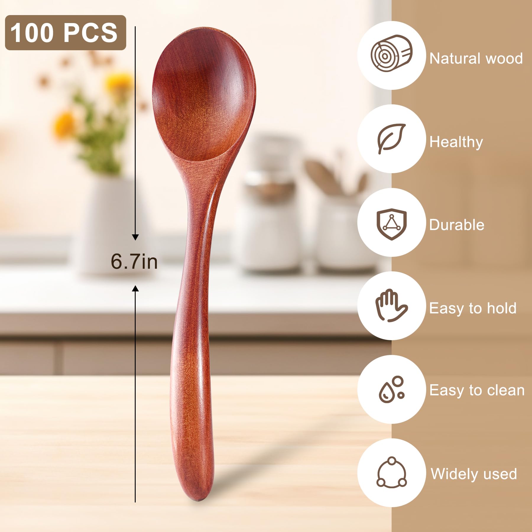 LOROTOCO 100 PCS Wooden Soup Spoons 6.7" bulk Small Wooden Spoons for Eating, Mixing, Scoop Coffee Honey Tea Japanese Style Cooking Kitchen Utensil