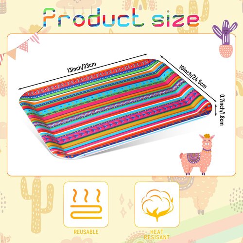Zubebe Set of 3 Cinco De Mayo Serving Trays 13" x 10" - Mexican Party Decorations, Fiesta Supplies, Reusable Large Boho Rainbow Platter for Festivals