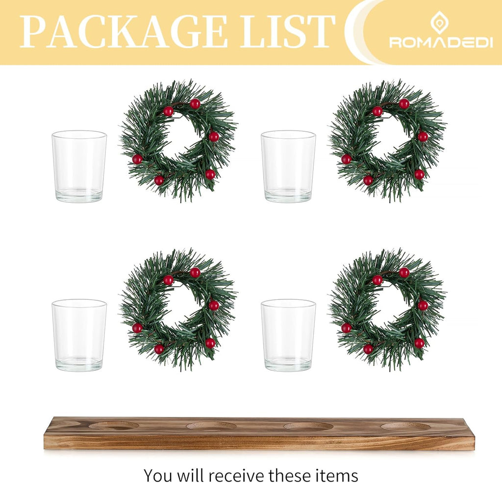 Romadedi Christmas Candle Holder - Rustic 4 Tealight Holders with Mini Wreaths | 16.5-Inch Wooden Tray for Holiday Table Decor