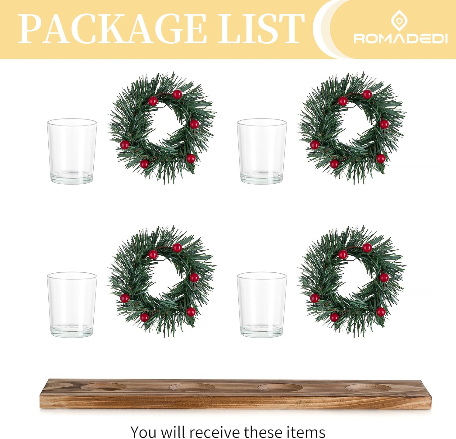 Romadedi Christmas Candle Holder - Rustic 4 Tealight Holders with Mini Wreaths | 16.5-Inch Wooden Tray for Holiday Table Decor