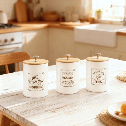 Youeon Metal Canisters Sets for the Kitchen, 25 Oz Coffee Sugar Tea Container Set, Farmhouse Style, Food Storage Containers with Lids for Countertop, Cabinet, Coffee Bar Decor, Beige