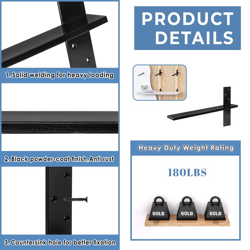 Floating Shelf Bracket Heavy Duty 1/2" Thick Free Hanging Countertop Support Bracket 2 Pack 12" Lx2.5 W Hidden Shelf Bracket for Floating Wall Countertops, Bars, Desks, Bench Seats, Vanities, Mantels