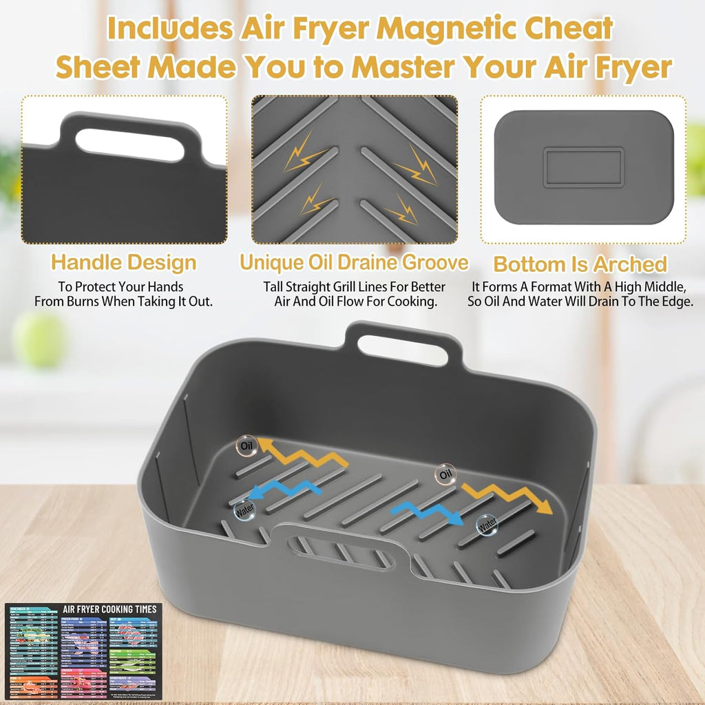 Skiennix Silicone Air Fryer Liners - Reusable Rectangular Basket Inserts for Ninja 10QT | 2 Pcs Grey