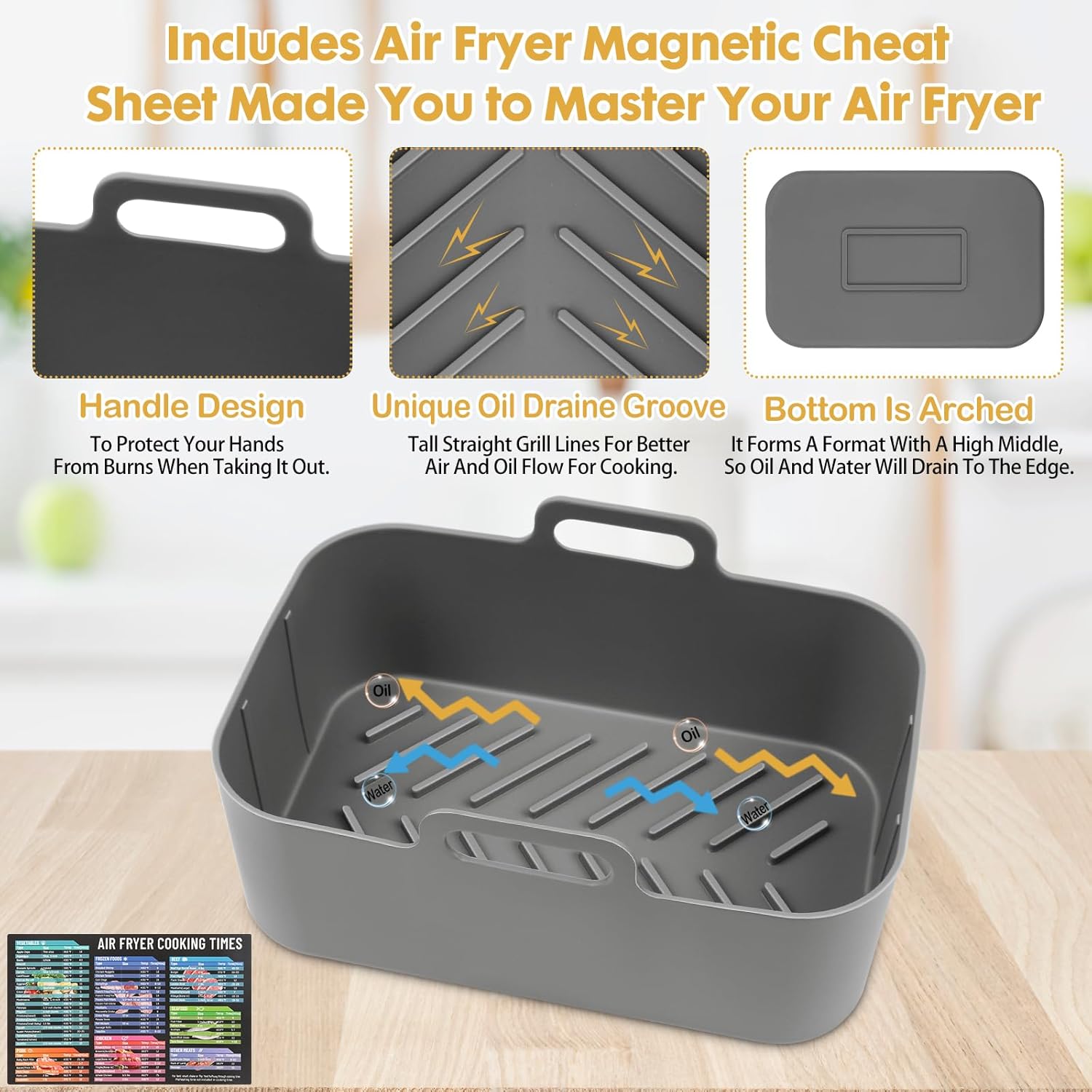 Skiennix Silicone Air Fryer Liners - Reusable Rectangular Basket Inserts for Ninja 10QT | 2 Pcs Grey
