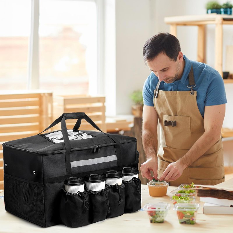Foraineam Insulated Food Delivery Bag with 4 Cup Holders/Drink Carriers, Large Catering Thermal Bag, Pizza Warmer Carrying Case, Insulated Hot & Cooler Bags for Beverages, Grocery, Food Transport