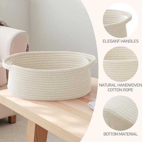 JMvicyroam Woven Storage Basket - Small Rope Organizer with Handles for Shelves & Closets | White