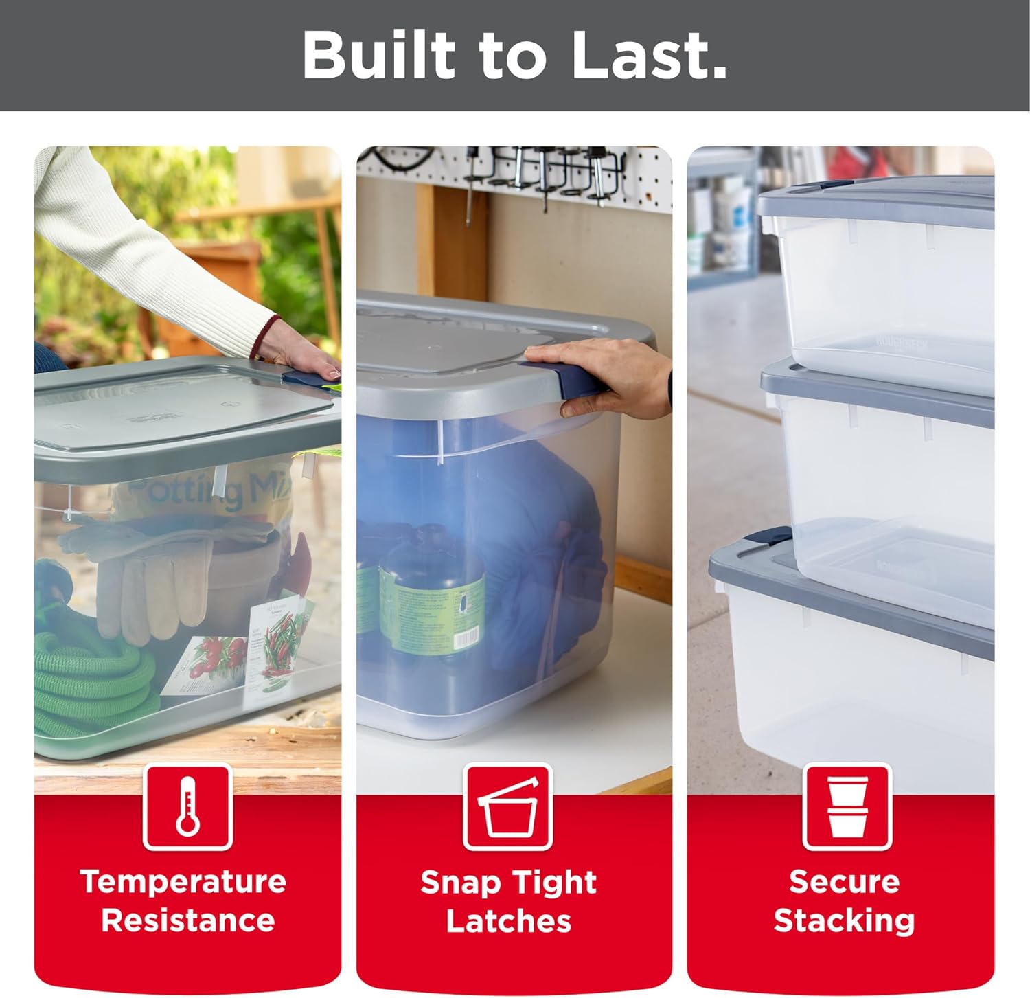 Rubbermaid Roughneck 66 Qt Storage Containers - Pack of 4 with Latching Grey Lids | Sturdy & Stackable