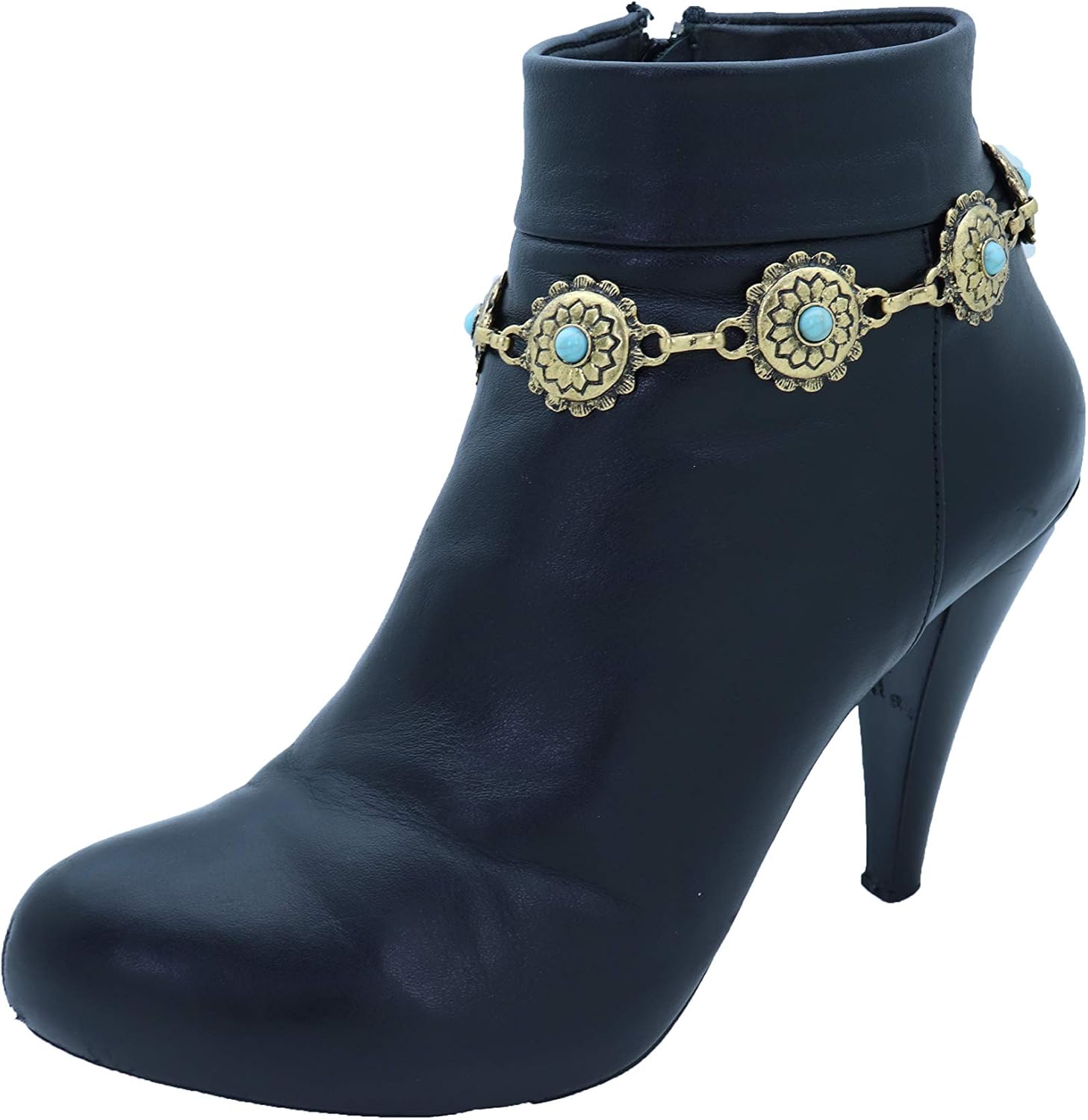TrendyFashionJewelry Boot Chain Bracelet | Western Bohemian Anklet with Blue Flower Charm in Antique Gold