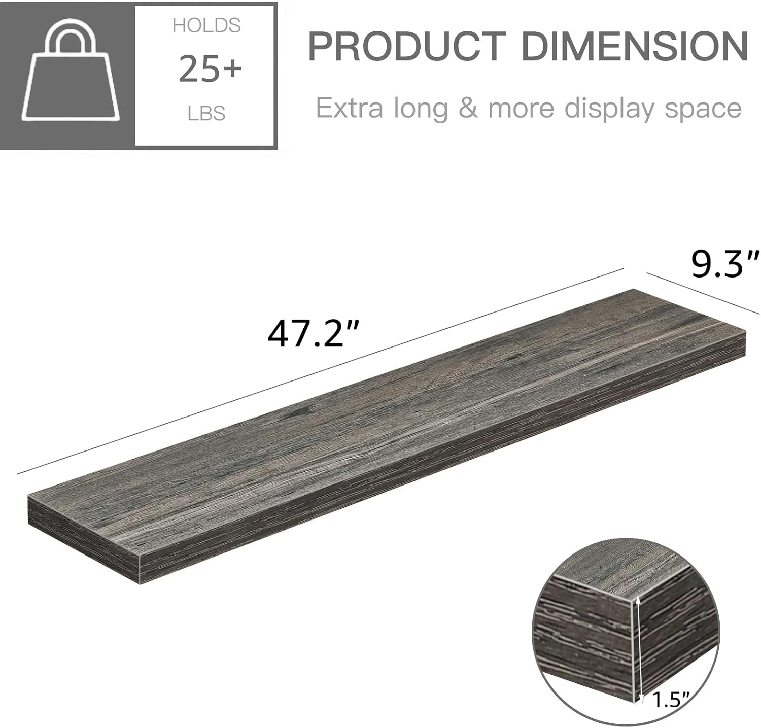 QEEIG Floating Wall Shelves - Extra Long 47.2" Set of 2 for Bathroom, Kitchen, Living Room | Grey Home Decor