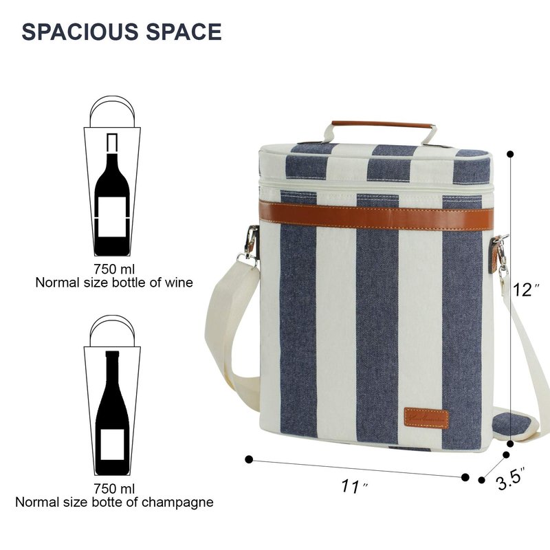 ZORMY 3 Bottle Insulated Wine Tote Cooler Bag, Portable Carrier with Corkscrew Opener and Shoulder Strap for Beach Travel Picnic, Unique Gift for Wine Lovers Navy Blue