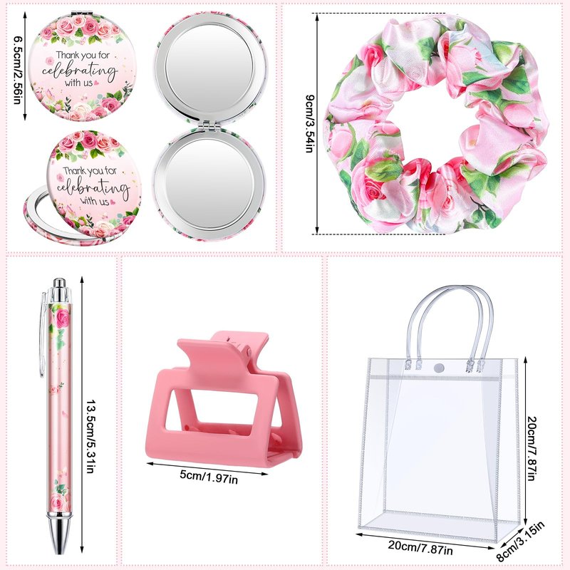 Boao 6 Set Baby Shower Game Prizes for Player Winners Tumblers with Lids Straws Mirrors Hair Scrunchies Pens Hair Clips Gift Bags for Baby Bridal Shower Wedding Game Favors(Pink Flower)